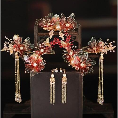 Red Flower Designer Chinese Bride Tiara Making Liquid Antique Headdress Tassel Crystal Wedding Hair Accessories