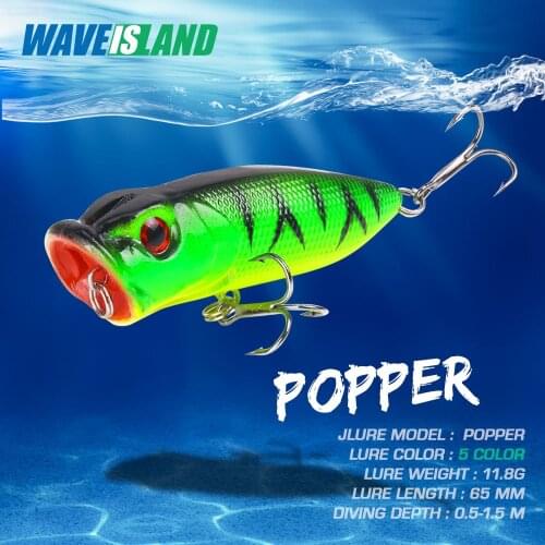 WAVEISLAND New Popper Floating Water Bait 11.8g 6.5cm Bionic Mino Baits Isca Artificial Lures Hard Hooks Peche Pike Fishing Lure