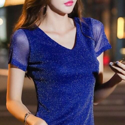 YTNMYOP Women T-shirt Shiny Glitter Mesh T shirt Plus Size 4XL Short Sleeve T-shirt Fashion V-Neck Tops