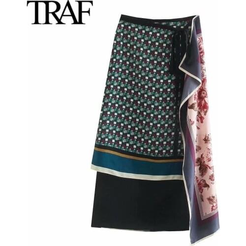 TRAF Women Clothing Vintage Irregular Bandage Satin MIDI Medieval Skirts Gothic Printed Sarong Skirt Mujer Faldas