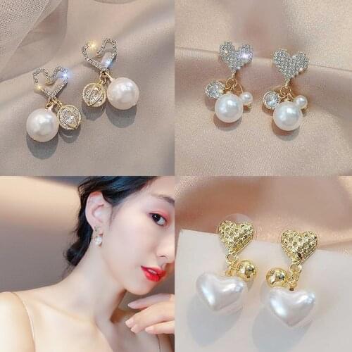 Korean temperament fairy air wild lady style pearl love pendant earrings female simple sweet exquisite Fashion Stud Earrings