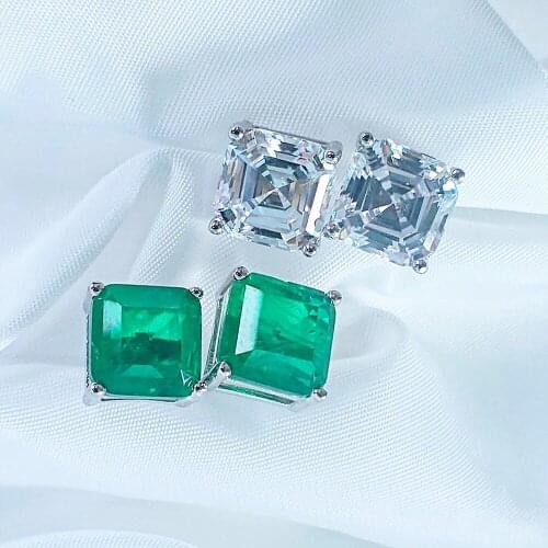 Trendy 925 Sterling Silver Square Synthesis Emerald White Diamond Earrings for Women Simple Jewelry Korean Gem Stud Earrings