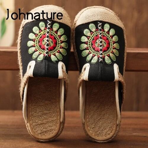 Johnature Summer Shoes Women Slippers Outside Slides 2021 New Cotton Linen Embroider Flat With Retro Floral Comfortable Slippers