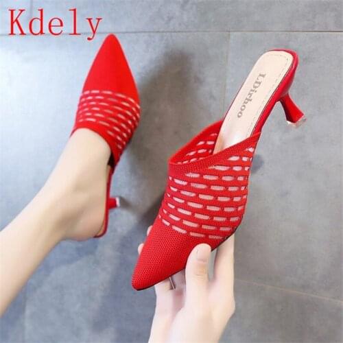 Mesh High heels 2019 Spring Autumn shoes women Fashion Square heel Mules Slip-On Thin Heels pumps Size 34-39