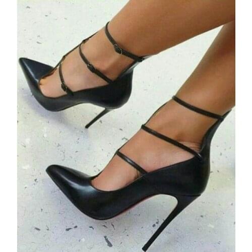 Moraima Snc Fashion Pointed Toe Pumps Woman Ankle Strap High Heel Shoes Black Matte Leather T-strap Dress Heels 12CM