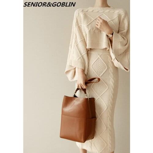 2020 High Quality Autumn Winter Women Knitted 2 Piece Set Batwing Sleeve Loose Tops+Slim Bodycon Skirt Female Sweater Suits