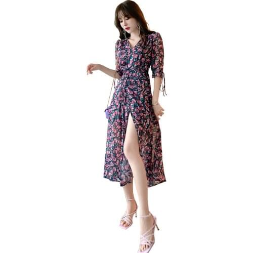 Elegant Summer Dress 2020 Half Sleeve Corset Big Swing French Style Vintage Dresses Ladies Print Floral Puff Sleeve Dress Women