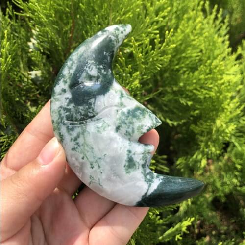1Pcs Moss Agate Moon Face Carving Crystal Stone Moon Beautiful Moss Agate Moon Face For Healing Decoration