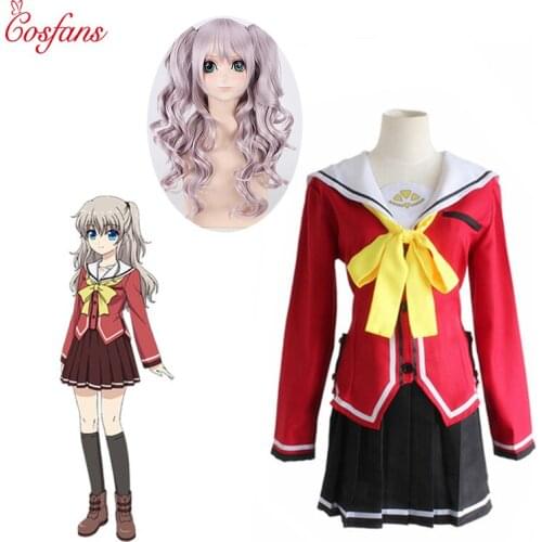 4PCS Anime Charlotte Tomori Nao / Yusa Nishimori School Uniform Cosplay Costumes Full Set Sailor Suit Top Skirt Bow Tie and wigs