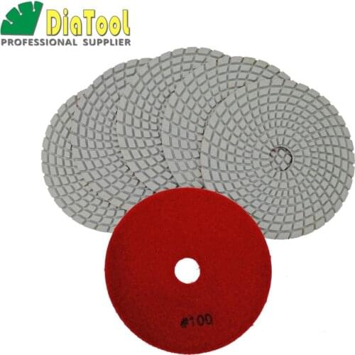 DIATOOL 6pcs 125MM 100# Diamond Flexible Wet Polishing Pad For Stone, White Bond, Spiral Type Dia5" Free-shipping