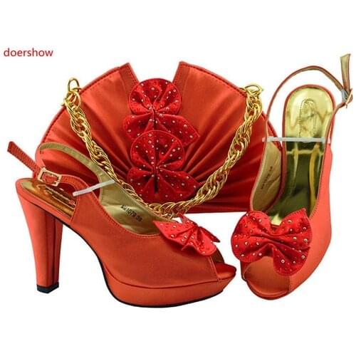 Doershow orange Shoes with Matching Bags for Wedding Women Shoes and Bag to Match for Party Nigerian Shoes and Bag Set! SXF1-3