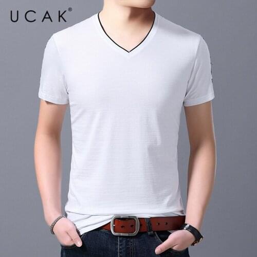 UCAK Brand Classic Solid Color V-Neck T Shirt Men Clothes 2021 Summer NEW Arrivals Streetwear Casual Tshirt Male Homme U5431