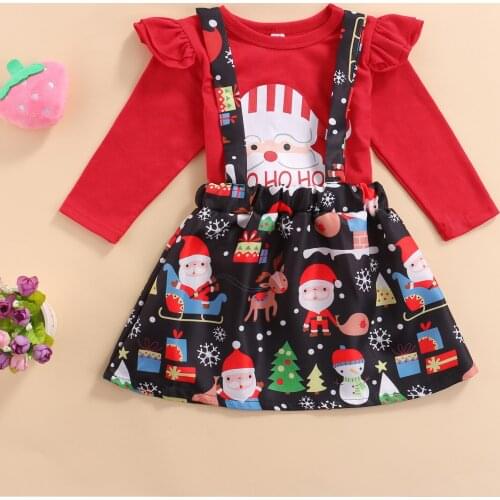 Cute Kids Clothes Set Print Pattern Ruffle Long Sleeves O-neck Pullover Suspender Skirt for Girls Christmas Outfit Clothing