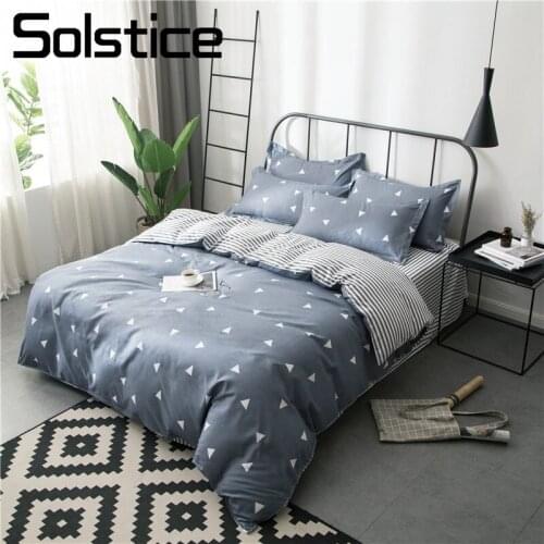Solstice Home Textile Single Double Teen Adult Boy/Girl Bedding Linen Sets Gray Triangle Stripe Bed Sheet Pillowcase Duvet Cover