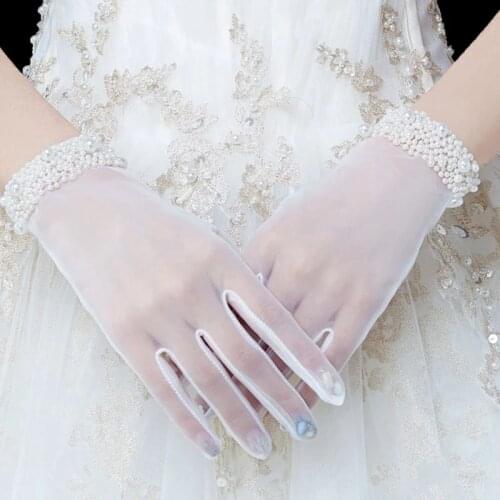 Korean Wedding Dress Lace Pearl Gloves Summer Women Thin Mesh Transparent Full Finger Polka Dot Driving Sunscreen Mittens K58