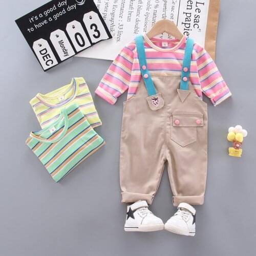 Spring Autumn Children Cotton Clothes Baby Girls Suit Strip T-shirt Bib Pants 2Pcs/sets Out Kid Fashion Clothing Tracksuits set