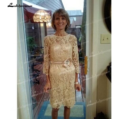 O Neck Lace Three Quarter Knee-Length Belt Beading Illusion Gold Mother Of The Bride Dresses robe de la mere de la mariee 2021