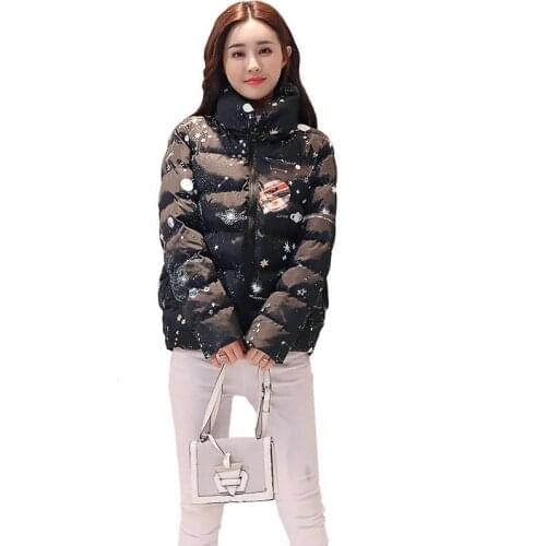 Women Winter Printing Short Padded Coat 2021 Winter New Jackets Tops Fashion Down Cotton Jacket Warm Parkas Female Black Outwear