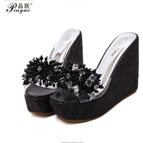 Summer Fashion Rhinestone Wedges Sandals Women Sexy Trifle Slides Casual Beading Open Toe Female Sandals Plus Size