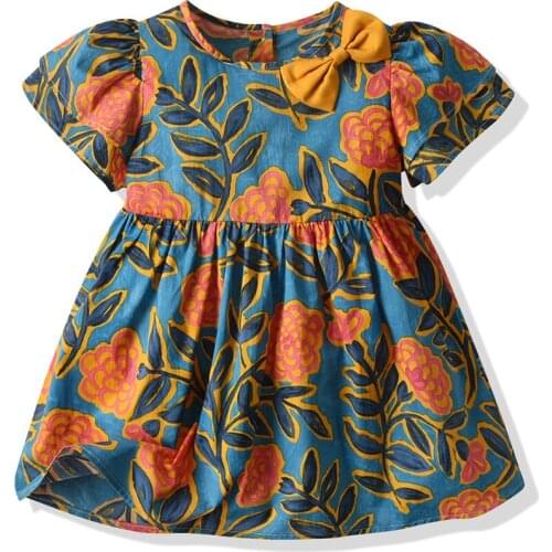 2021 Summer Girls Garden Flowers Printing Dresses 12 Months - 5 Years Old Baby Princess Puff Sleevess Cotton Knee-Length Dress