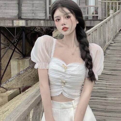 Summer Women French Girl Puff Sleeve Short Top Pleated Slim Sexy Navel-Exposed Shirt Fashion Simple Pullover Ladies Blusas