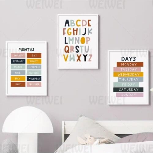 Cartoon Home Decoration Painting Sun Animal Childrens Room Wall Canvas Poster Letter Color Pen Number Early Education Prints