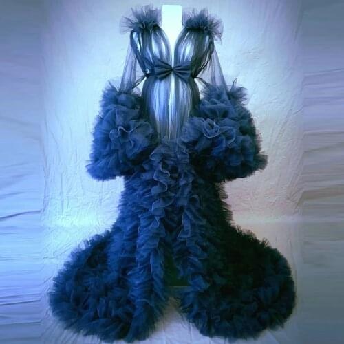 New Arrival Tulle Maternity Robes Real Image Puffy Long Sleeves Pleated See Thru With Bow Waistband Long Length 2021