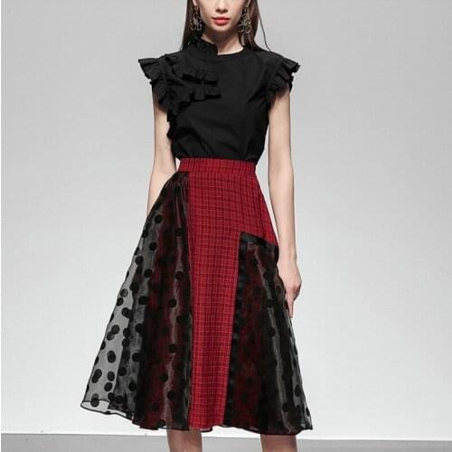 New Summer Sets For Women Asymmetry Fungus Short Sleeve Chiffon Blouse Shirt With Organza Stitching Plaid Skirt Two Piece Sets