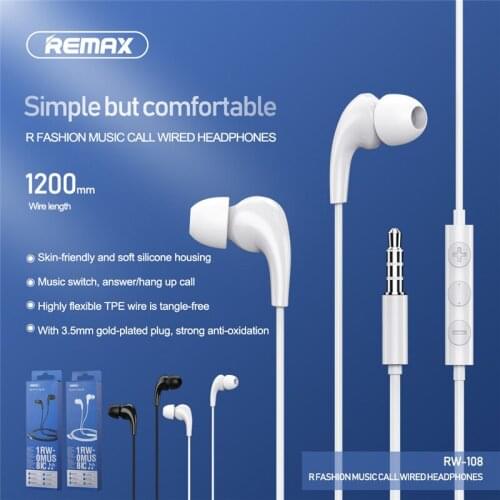Remax RW-108 in-ear wired headset with microphone, music call 3.5mmAUX headset, suitable for mobile phone computer notebook