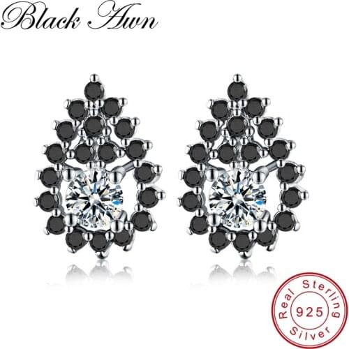 [BLACK AWN] Vintage 1.2g 925 Sterling Silver Fine Jewelry Natural Flower Black Spinel Engagement Stud Earrings for Women T173