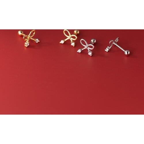 Real 925 Sterling Silver Cute Hollow Bowknot Stud Earring Screw Back Jewelry for Women Girls
