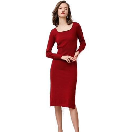SZDYQH Women Autumn Winter Sweater Knitted Dresses Women Fashion O-neck Long Sweater Dress Ladies Warm Split Sweater Dress