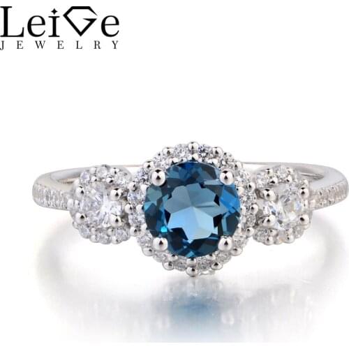 Leige Jewelry Blue Gemstone Round Cut London Blue Topaz Ring Promise Ring 925 Sterling Silver Ring November Birthstone Gifts