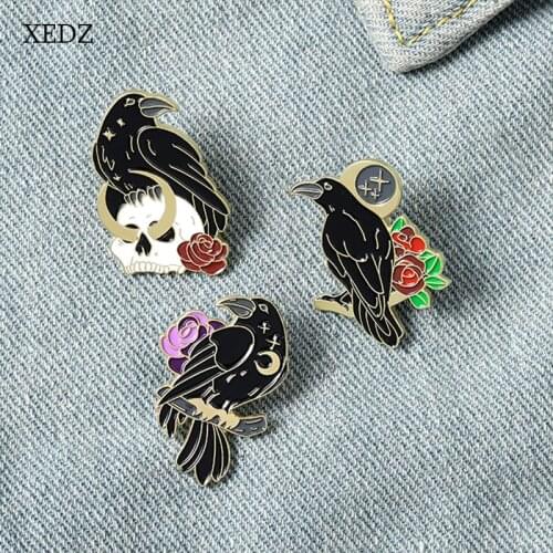 XEDZ Cartoon Black Gothic Crow Enamel Brooch Fashion Starry Skull Flower Black Bird Badge Costume Decoration Gift For Friends
