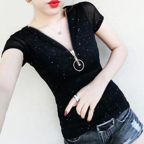 Women Spring Summer Style Mesh Patchwork Blouses Shirts Lady Casual Short Sleeve V-Neck Zipper Blusas Tops DD8146