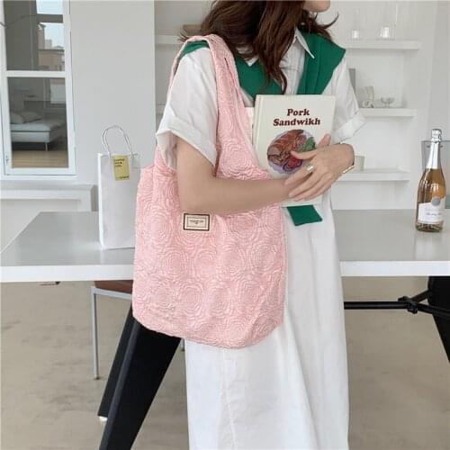 Women Rose Shoulder Tote Bag Large Cotton Cloth Shopping Bags for Lady Female Handbag Foldable Reusable Beach Shopper Bag