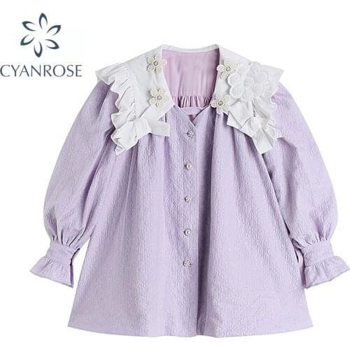 2021 Autumn Doll Collar Floral Violet Button Blouse Spring Puff Sleeve Women French Vintage Shirts New Casual Romantic Top