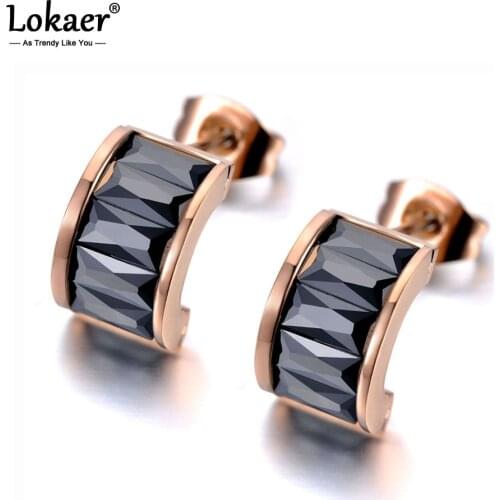 Lokaer Sparkling Titanium Stainless Steel White/Black CZ Crystal Earrings Trendy Semicircle Stud Earrings For Women Girls E19323