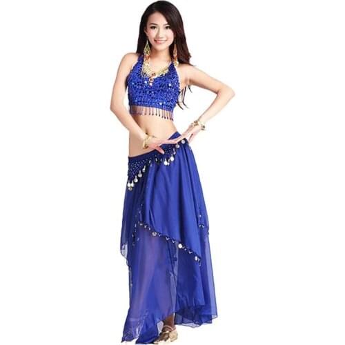 Women belly dacing clothing 5 flowers top+gold coins skirt 2pcs belly dance suit for lady belly dance clothes