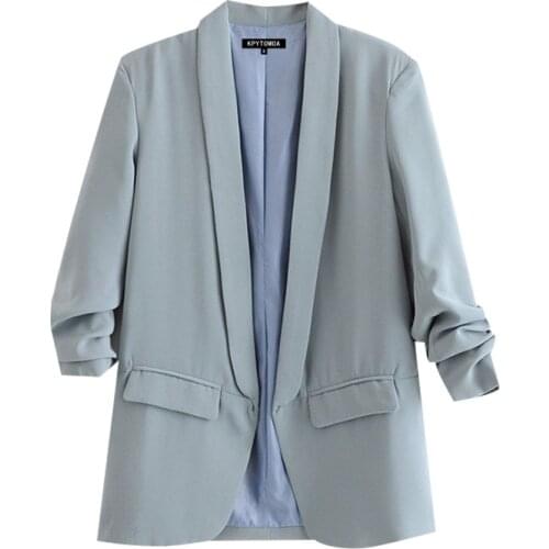 2021 New Women Fashion Office Wear Basic Blazers Coat Vintage Pleated Long Sleeve Pockets Female Outerwear Chic Tops