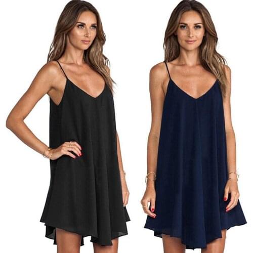 1PC Summer Women Sling Dress Sexy Loose Beach Style Strappy Backless V-Neck Casual Solid Short Dress Sleeveless Dress Plus Size