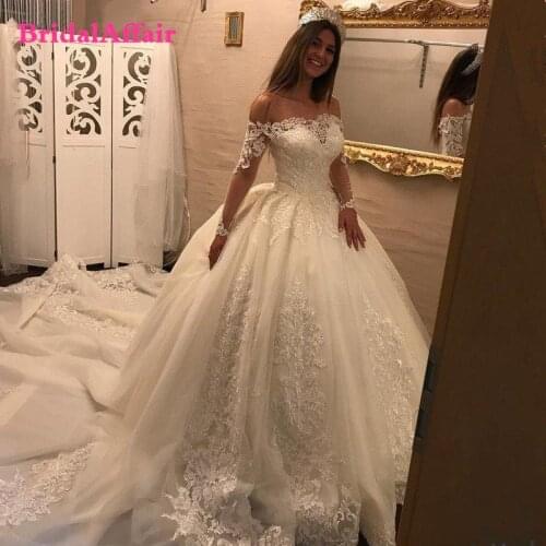 Robe De Mariee Gorgeous Off Shoulder Ball Gown Lace Appliques Crystal Wedding Dress Plus Size Long Sleeves Wedding Dresses