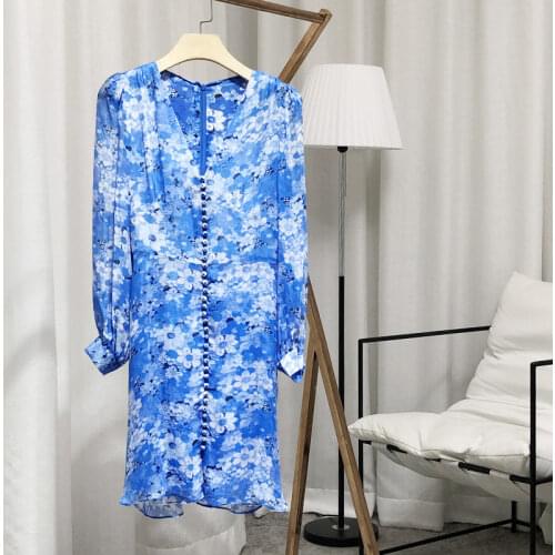 2021 Spring Summer New Women Dress V-neck Floral Print Lantern Sleeve Breasted Elegant Dress