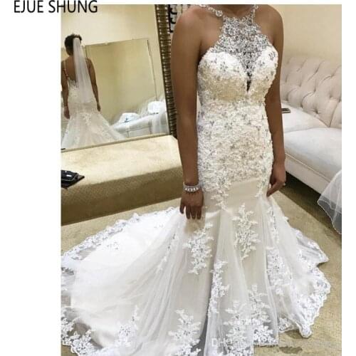E JUE SHUNG Mermaid Wedding Dresses Halter Neck Backless Lace Appliques Gorgeous Crystal Women Bridal Dresses vestido de noiva