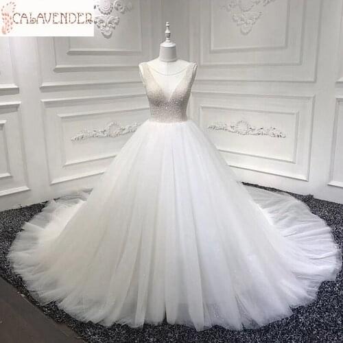 Allure Wedding Dresses Ball Gown Pearls Crystals Beaded vestidos en oferta Scoop with Brush Train Lace Up Back Wedding Gowns