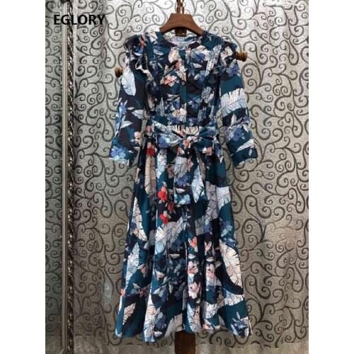 New Arrival Dresses 2020 Spring Autumn Style Women O-Neck Leaves Floral Print Tunic Buttons Mid-Calf Length Vintage Retro Dress