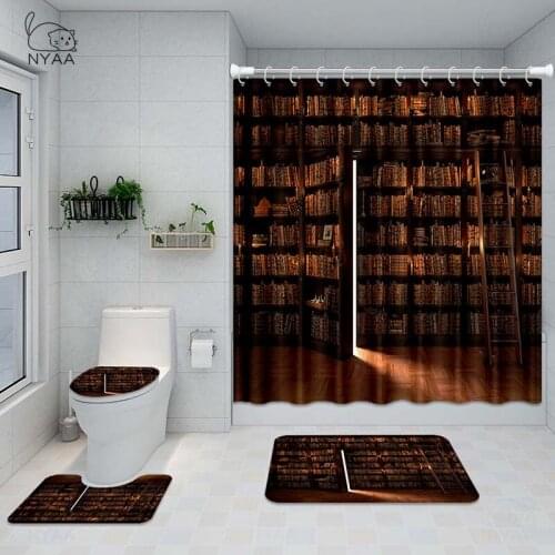 180x180cm Old Retro Study Wooden Bookshelf Pattern Bathroom Shower Curtain Anti-Slip Kitchen Bath Mat Toliet Rug Bathroom Set