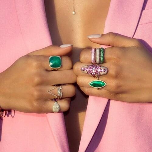 2020 fashion Big green cz stone cocktail rings luxury gold silver color plated for lady women party gorgeous dainty cz jewelry