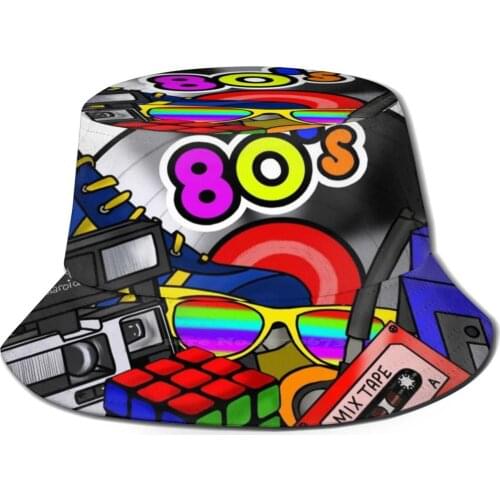 80’S Collage Unisex Summer Cap Sunscreen Hat 80 Eighties 1980 Vinyl Cassettes Walkman Polaroid Rubic Cube Disco