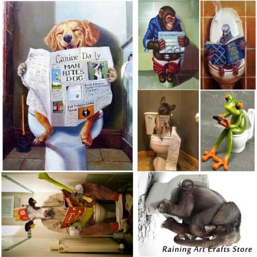 2021 New Full Square Round Drill Diamond Painting Animal On The Toilet Embroidery Cow Dog Elephant Mosaic Handmade Home Decor
